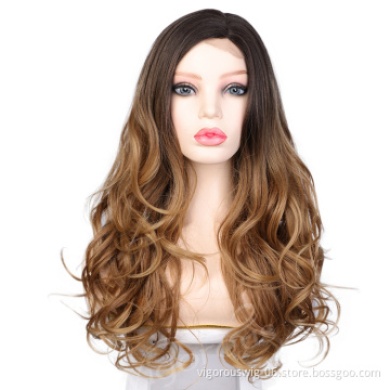 Vigorous Wholesale Price Long Ombre Black To Brown Wavy Wigs Side Part Lace Synthetic Wigs For Black Women Heat Resistant